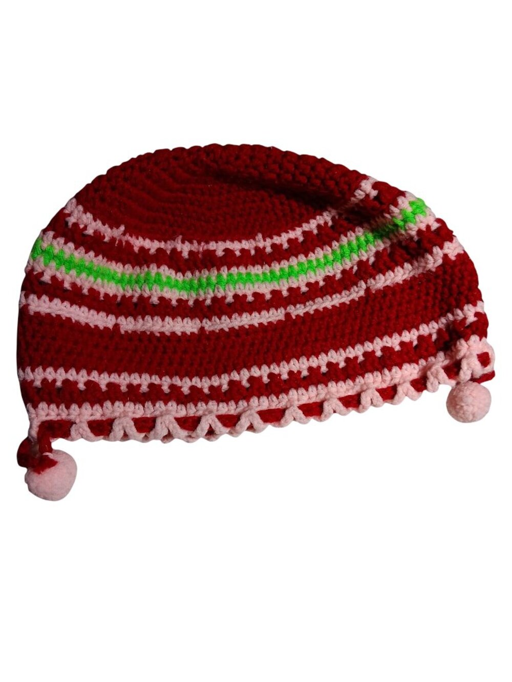 True Vintage Handmade Crochet Hat Red White Green Striped Pattern Pom-Pom Trim